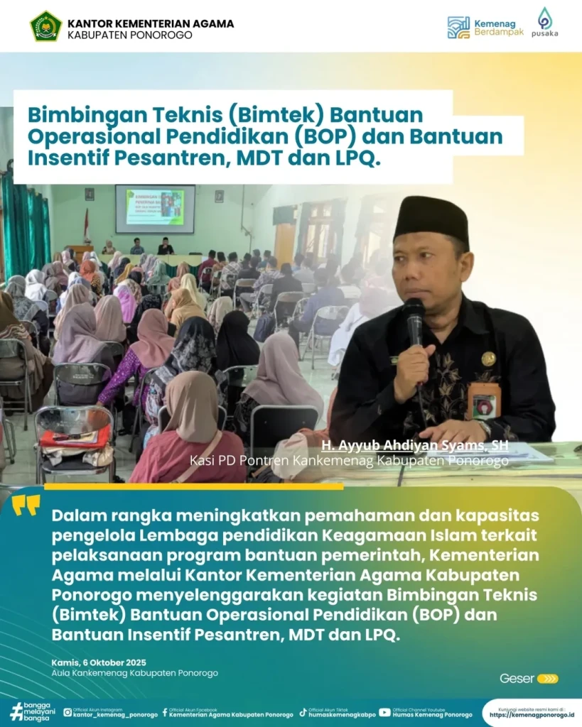 Kemenag Ponorogo Gelar Bimtek BOP dan Insentif untuk Pesantren, MDT, dan LPQ