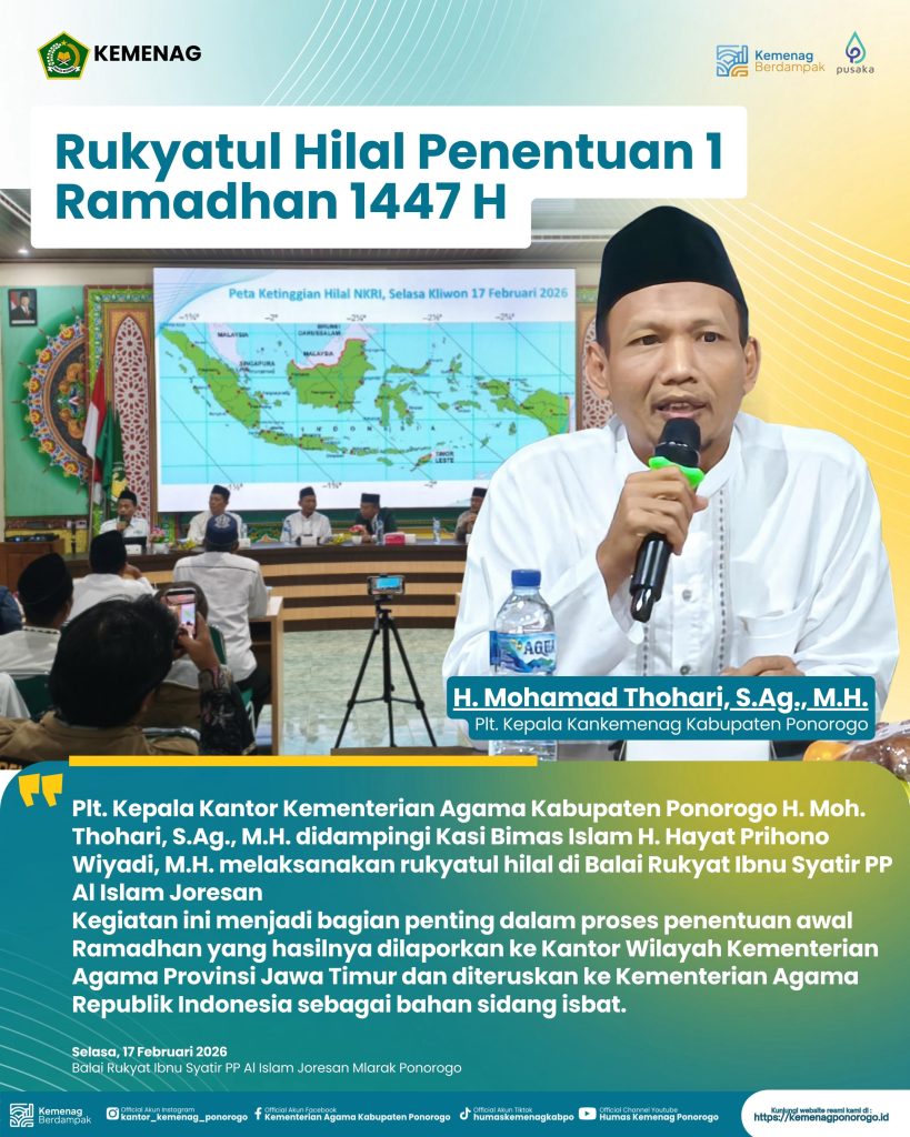 Ponorogo — Plt. Kepala Kantor Kementerian Agama Kabupaten Ponorogo H. Moh. Thohari, S.Ag., M.H. didampingi Kasi Bimas Islam H. Hayat Prihono Wiyadi, M.H. melaksanakan kegiatan rukyatul hilal di Kantor Kementerian Agama Kabupaten Ponorogo yang dipusatkan di Balai Rukyat Ibnu Syatir PP Al Islam Joresan. Kegiatan ini merupakan bagian dari rangkaian penentuan awal bulan Ramadhan 1447 Hijriah.