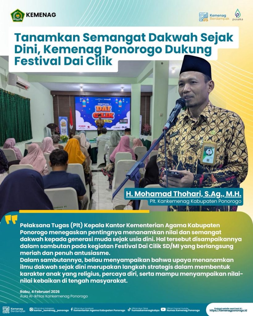Tanamkan Semangat Dakwah Sejak Dini, Kemenag Ponorogo Dukung Festival Dai Cilik