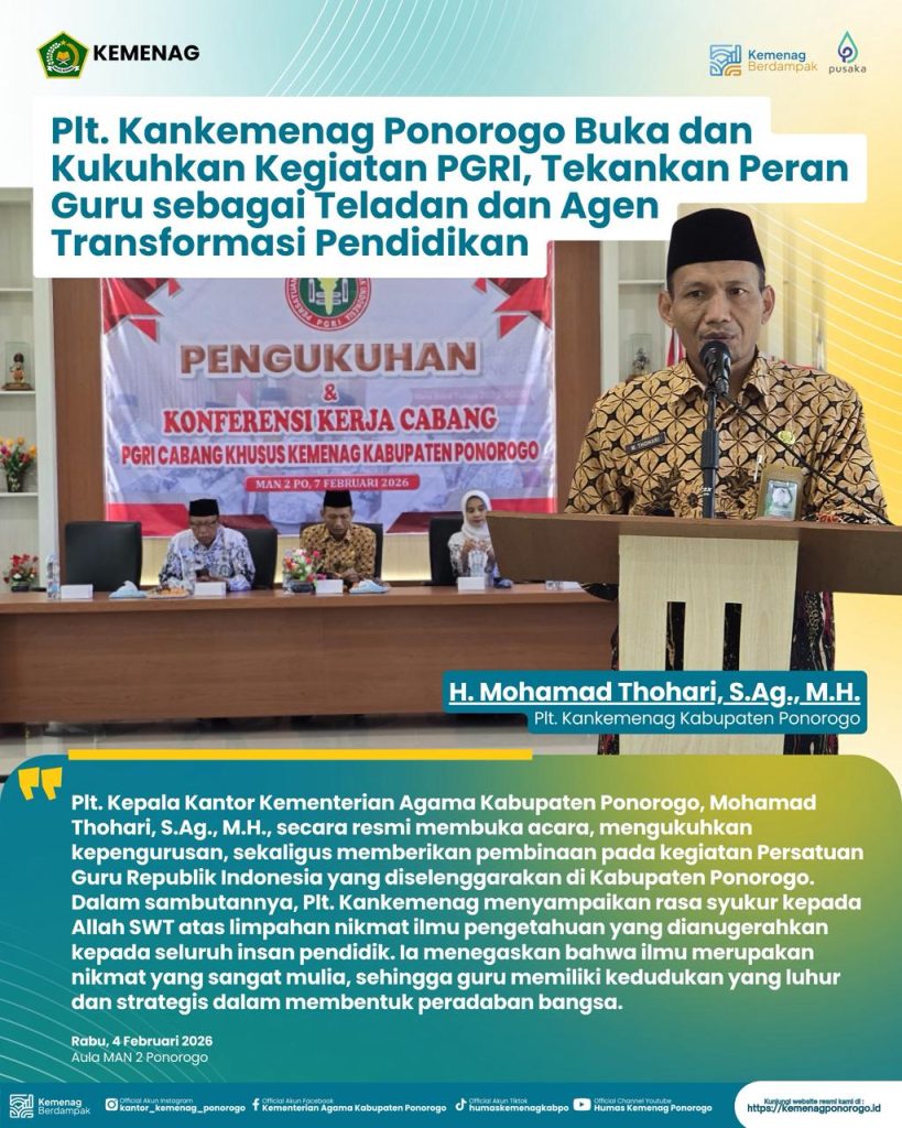 Plt. Kankemenag Ponorogo Buka dan Kukuhkan Kegiatan PGRI, Tekankan Peran Guru sebagai Teladan dan Agen Transformasi Pendidikan