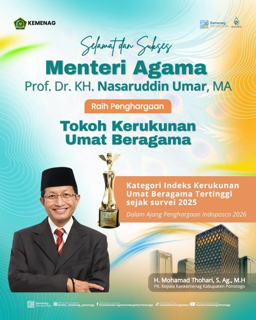 Plt. Kepala Kemenag Ponorogo Sampaikan Selamat atas Penghargaan Tokoh Kerukunan Umat Beragama kepada Menteri Agama RI