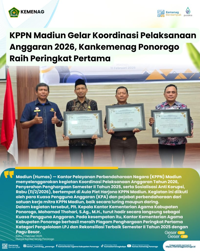 KPPN Madiun Gelar Koordinasi Pelaksanaan Anggaran 2026, Kankemenag Ponorogo Raih Peringkat Pertama