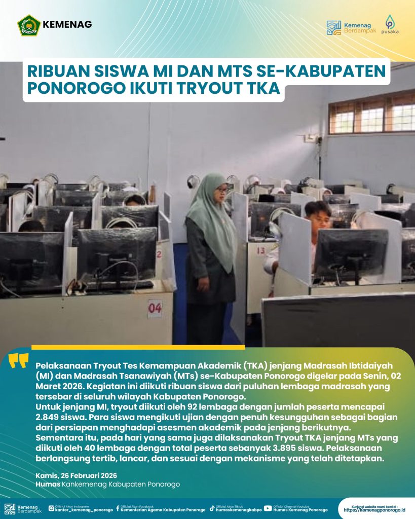 Ribuan Siswa MI dan MTs se-Kabupaten Ponorogo Ikuti Tryout TKA