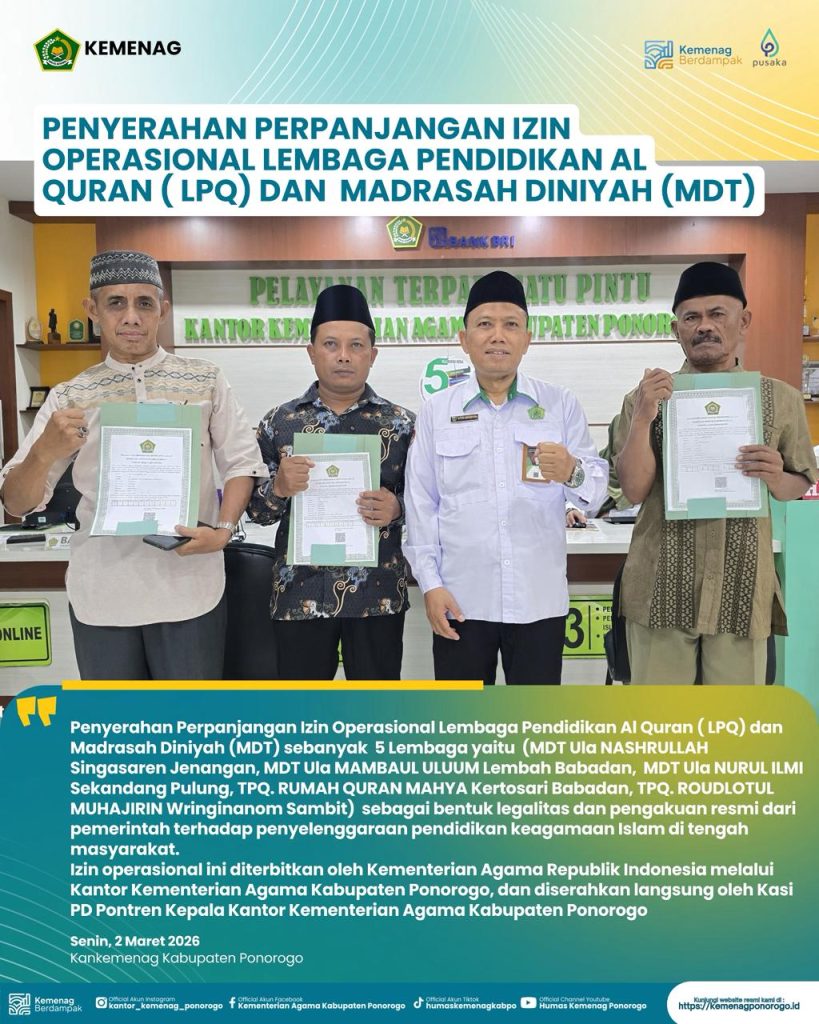 Lima LPQ dan MDT di Ponorogo Terima Perpanjangan Izin Operasional dari Kementerian Agama