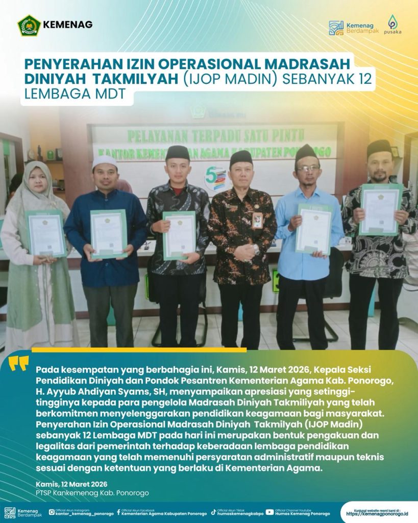 Kemenag Ponorogo Serahkan Izin Operasional 12 Madrasah Diniyah Takmiliyah