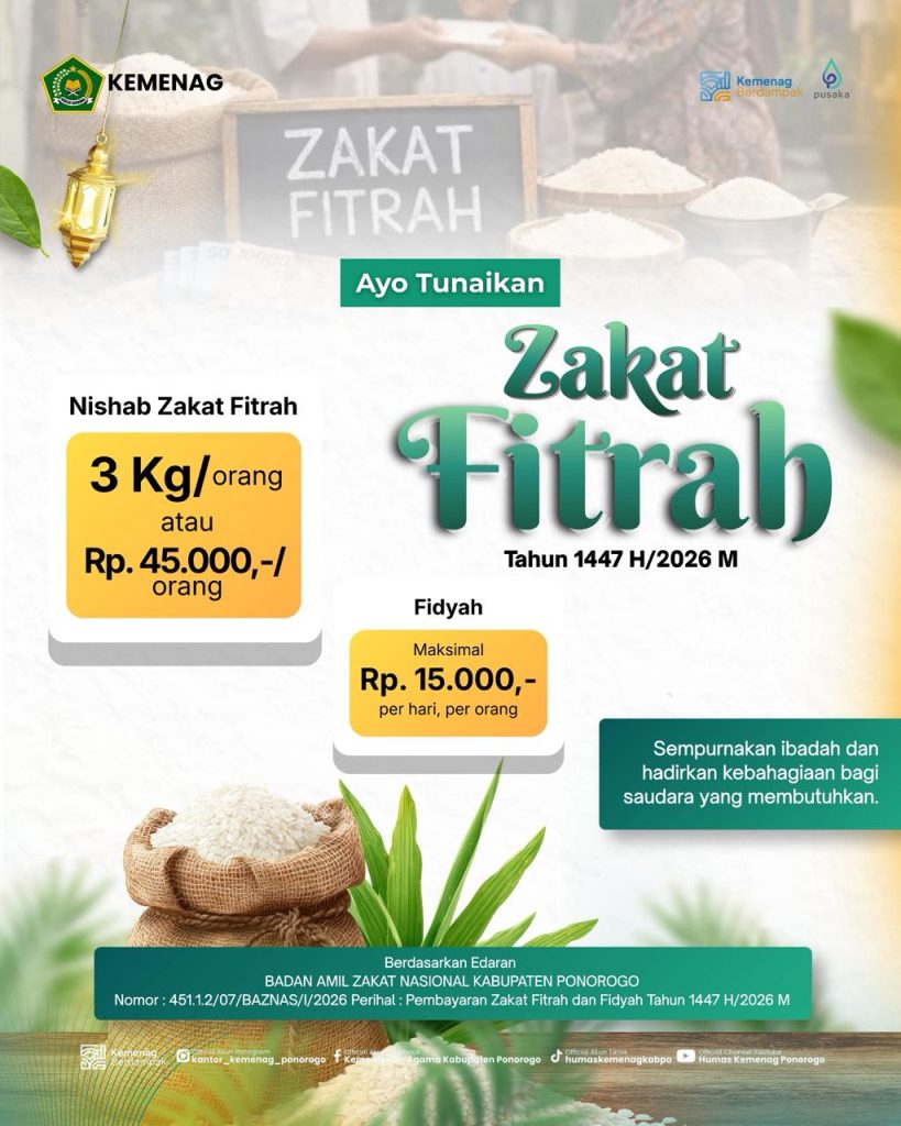 Kemenag Ponorogo Sampaikan Ketentuan Pembayaran Zakat Fitrah dan Fidyah Tahun 1447 H / 2026 M