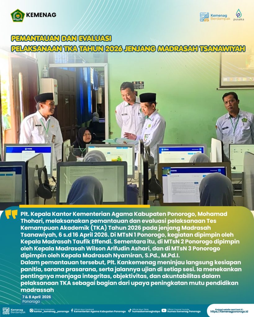 Plt. Kankemenag Ponorogo Laksanakan Monitoring dan Evaluasi TKA MTs Tahun 2026