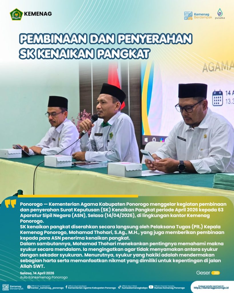 Kemenag Ponorogo Gelar Pembinaan dan Penyerahan SK Kenaikan Pangkat, 63 ASN Ditekankan Makna Syukur dan Integritas